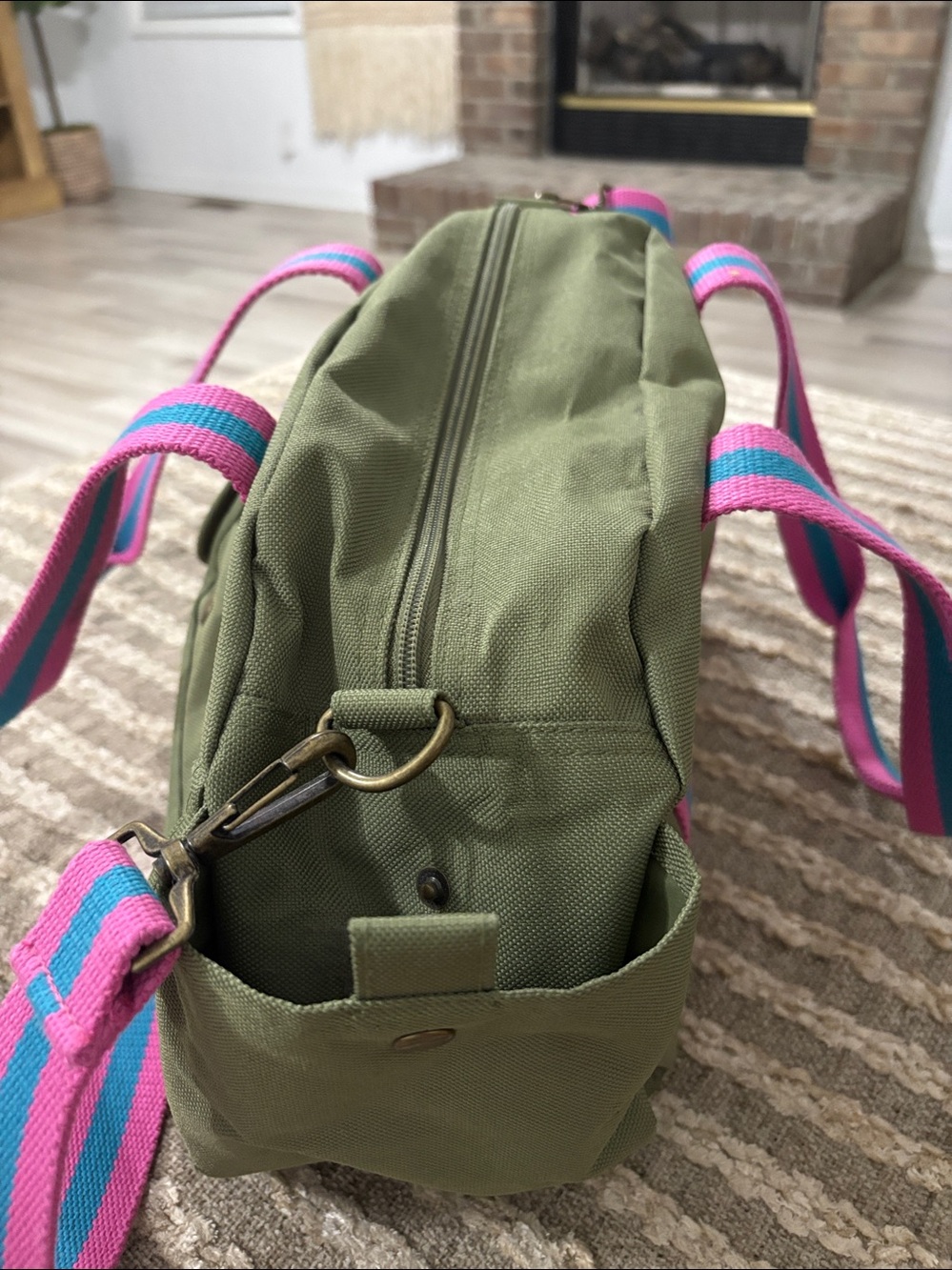 Ralph Lauren Olive Green Canvas Duffel with Pink & Teal Straps - Picture 7 of 10